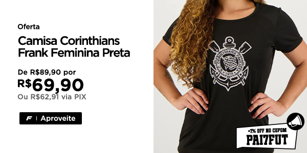 Oferta: Camisa Corinthians Frank Feminina Preta, por apenas R$ 69,90. Clique no banner e aproveite >>>